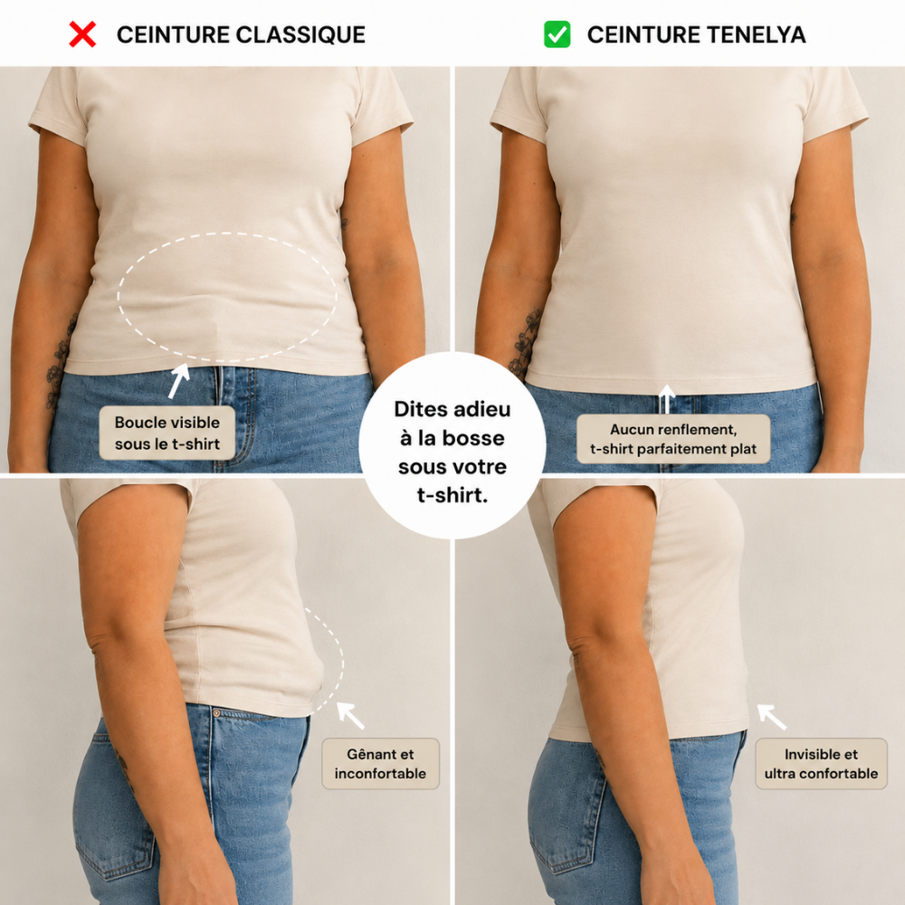Comparaison entre une ceinture classique et la ceinture TENELYA sans boucle